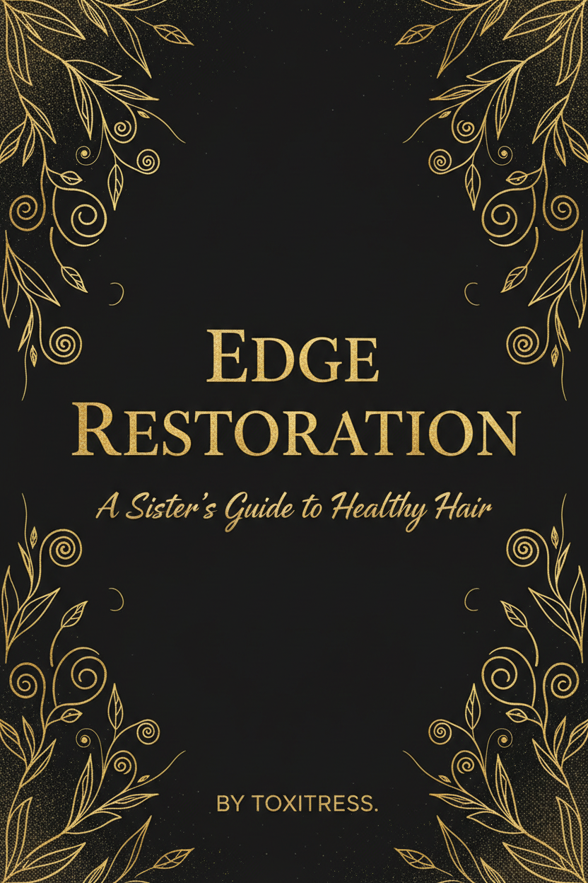 Book cover of 'Edge Restoration: A Sister's Guide to Healthy Hair' by Toxitress with gold text on a black background.