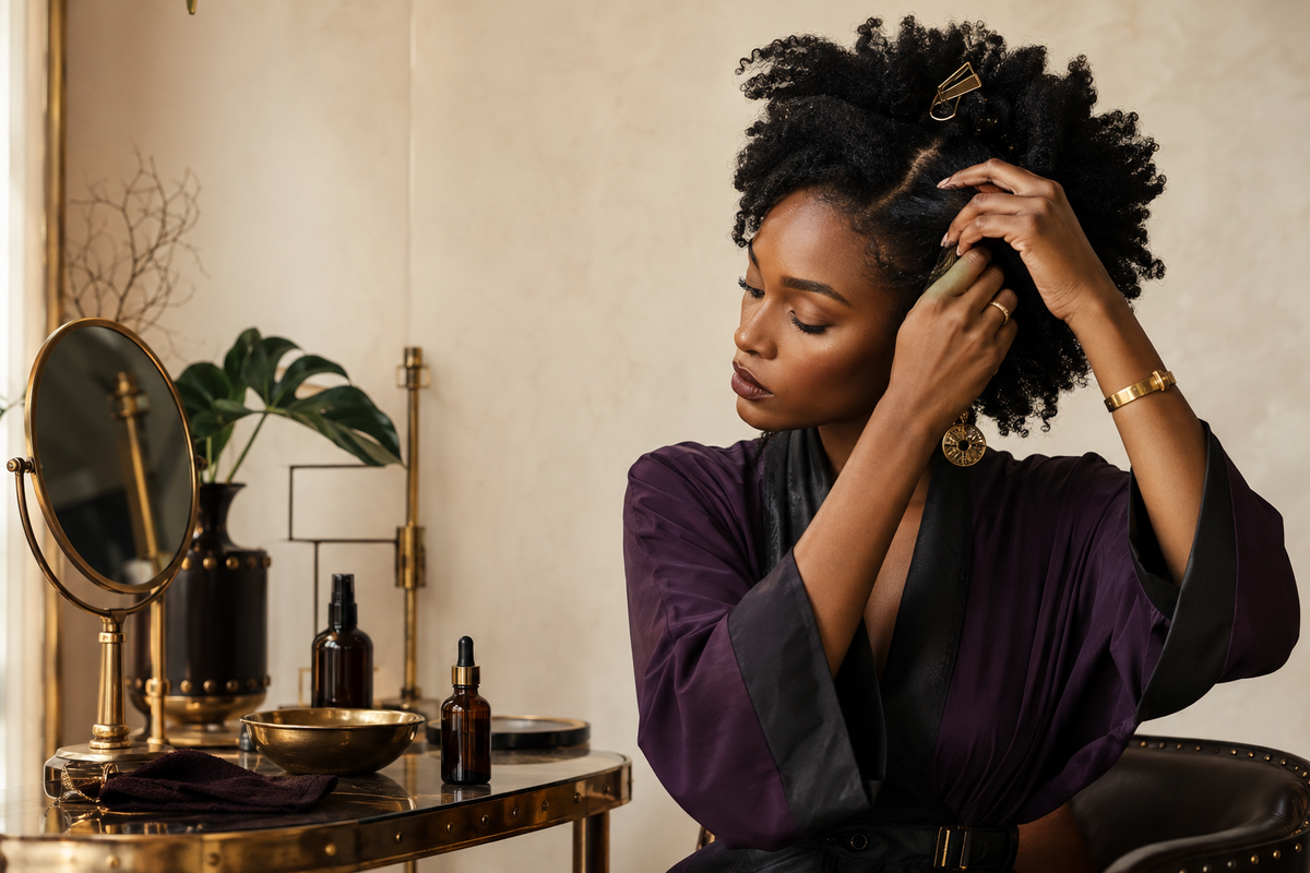 Woman preparing her natural hair and scalp between protective styles