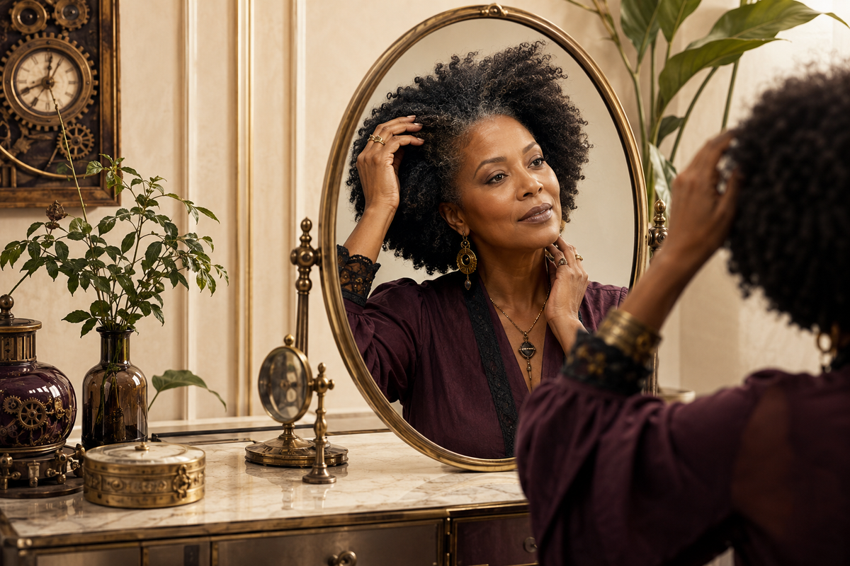 Woman over 40 checking her natural hair gently in a mirror