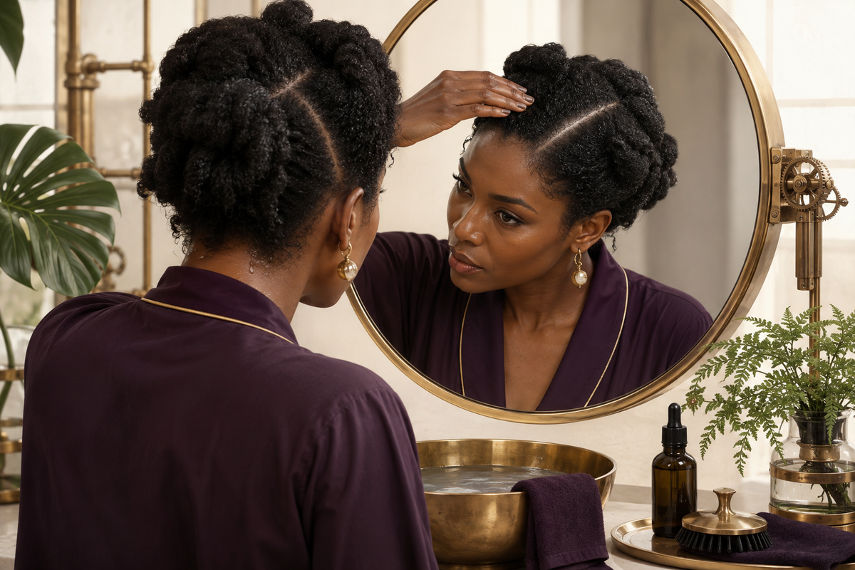 Woman checking her clean sectioned natural hair and scalp after washing
