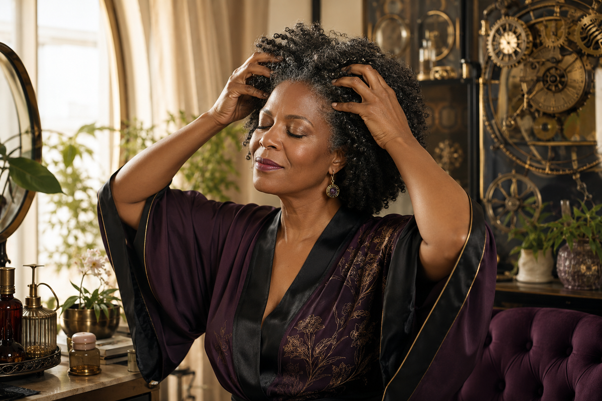 Woman over 40 using her fingertips for a gentle scalp massage
