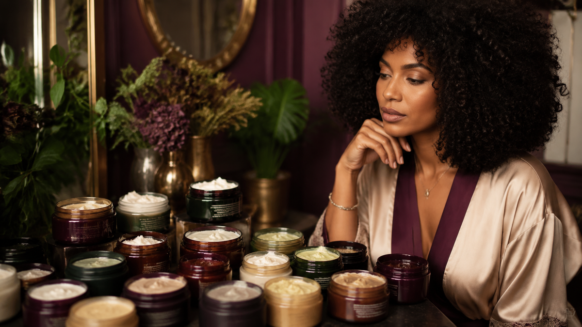 Woman reviewing several scalp products before simplifying her routine