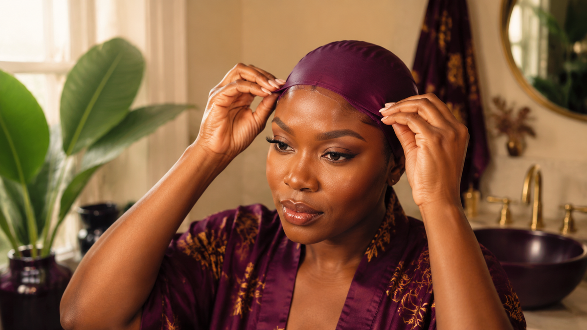 Black woman gently adjusting a wig cap near her hairline