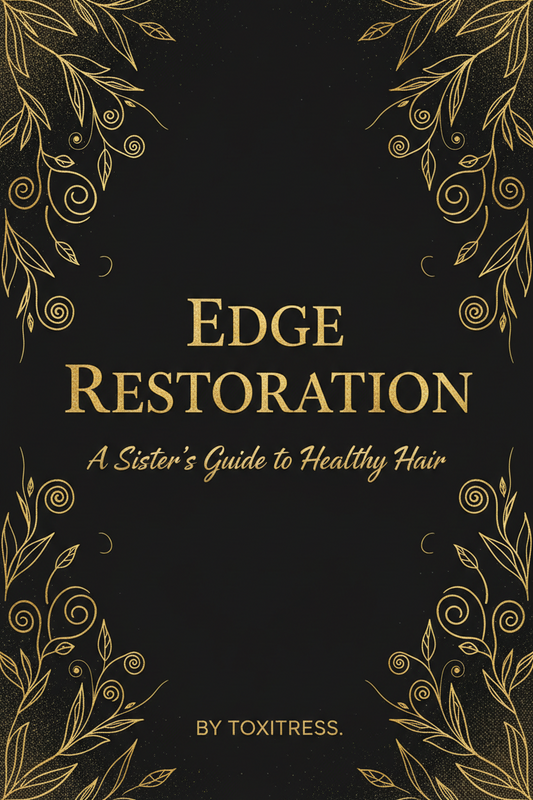 Book cover of 'Edge Restoration: A Sister's Guide to Healthy Hair' by Toxitress with gold text on a black background.