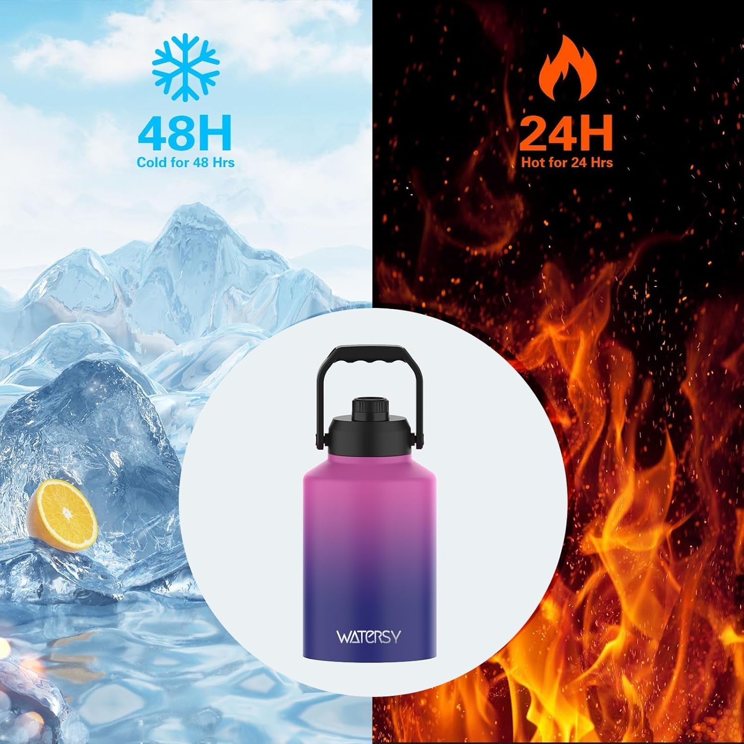 1 Gallon Water Bottle Insulated(Cold for 48 Hrs),Bpa Free&Leak Proof,128Oz Stainless Steel Water Jug,Big Thermo,Large Water Bottle with Handle for Gym,Hiking,Camping&Travel,Gradient Purple